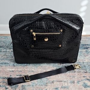 Knomo Black Croc-Embossed Laptop Bag with Gold Accents